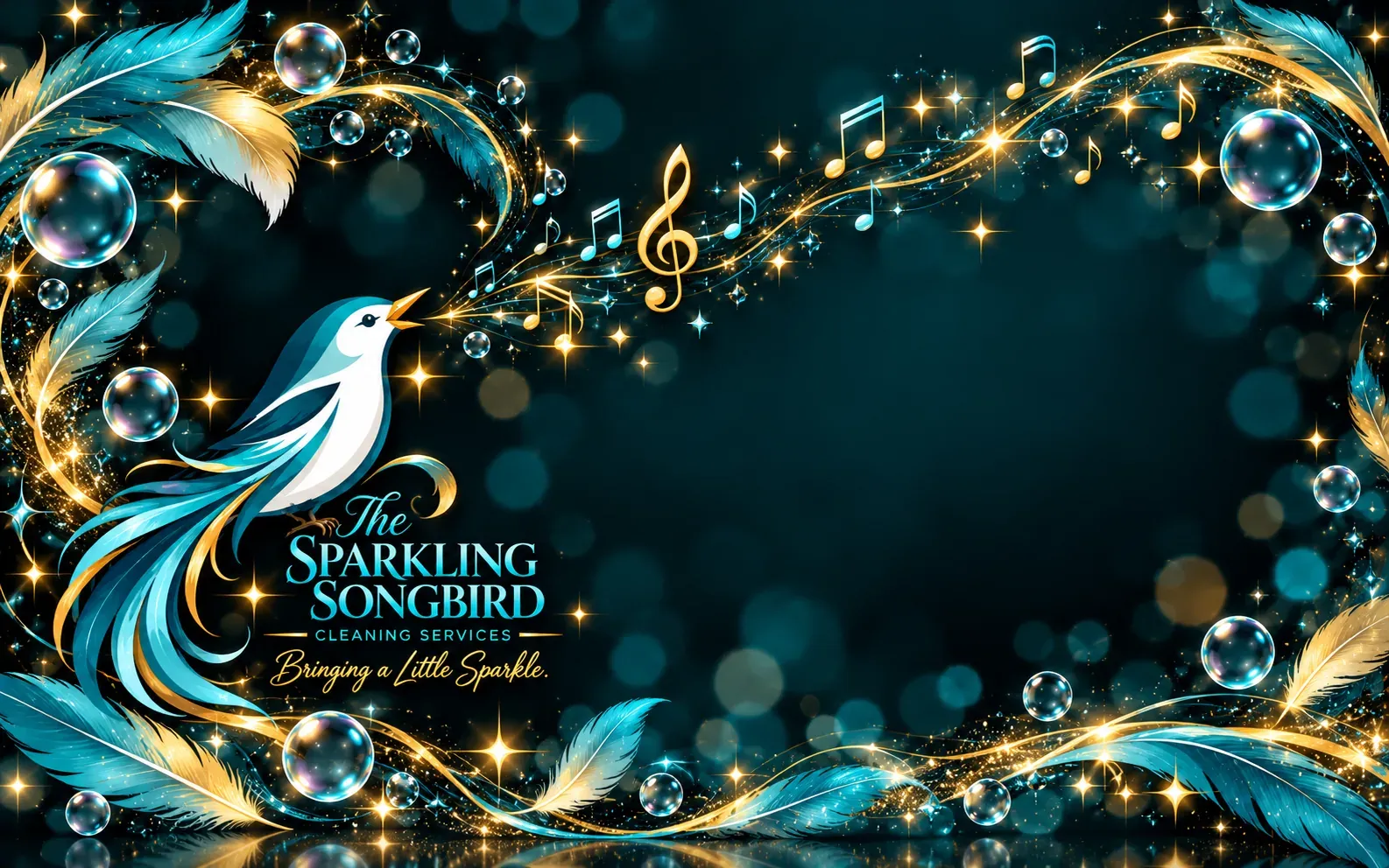 The Sparkling Songbird logo among feathers, bubbles and music notes