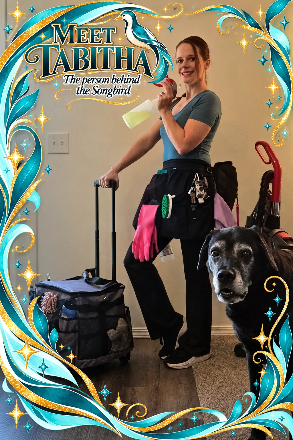 Tabitha Burt with her cleaning equipment and work setup